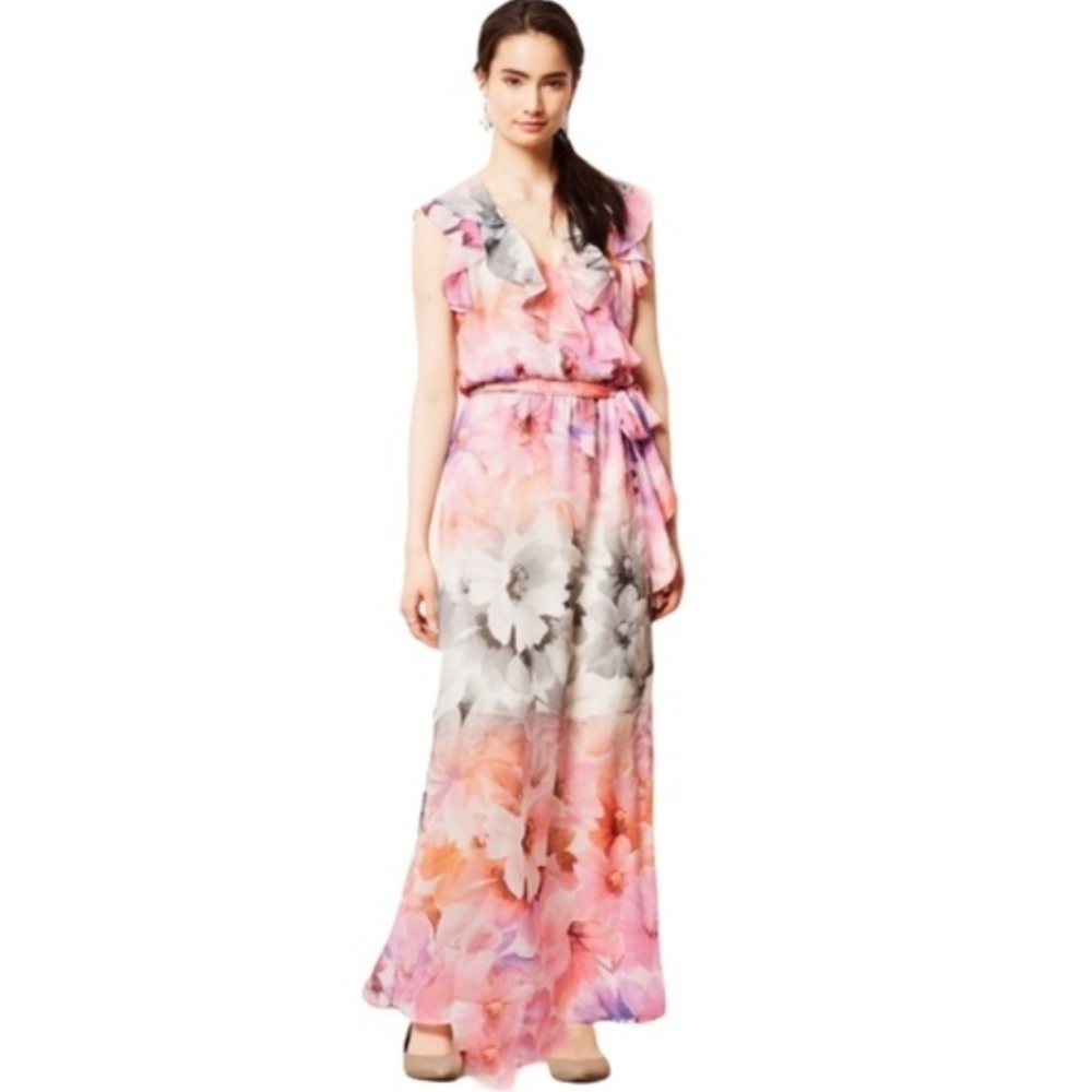 Anthropologie HD in Paris Easel Flora Maxi Dress 14 Watercolor Ruffles Belted - Picture 2 of 12